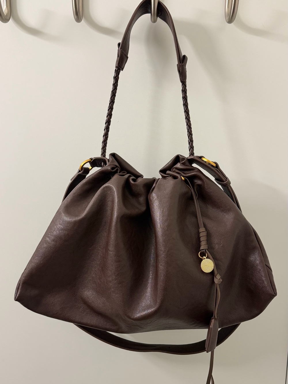 Dark Burgundy Brown Vegan Leather Drawstring Shoulder Bag